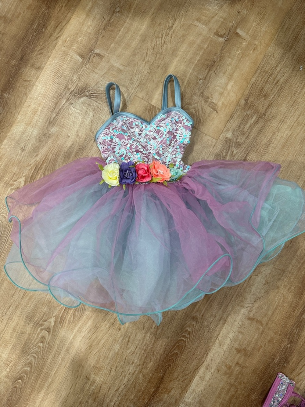 Weissman Pink and Teal Floral Tulle Party Dress
